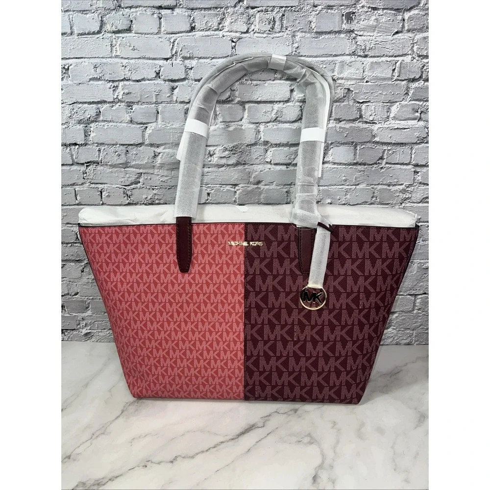 Michael Kors Jet Set Travel Medium Zip Top Tote Oxblood Multi MK Signature- NEW✅